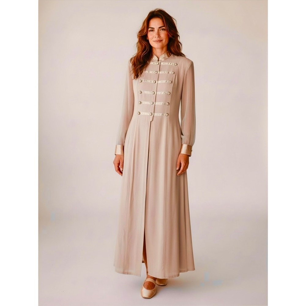 VTG 70s Gantos Military Style Maxi Dress Blush Pink Crepe Satin Chiffon Size 14